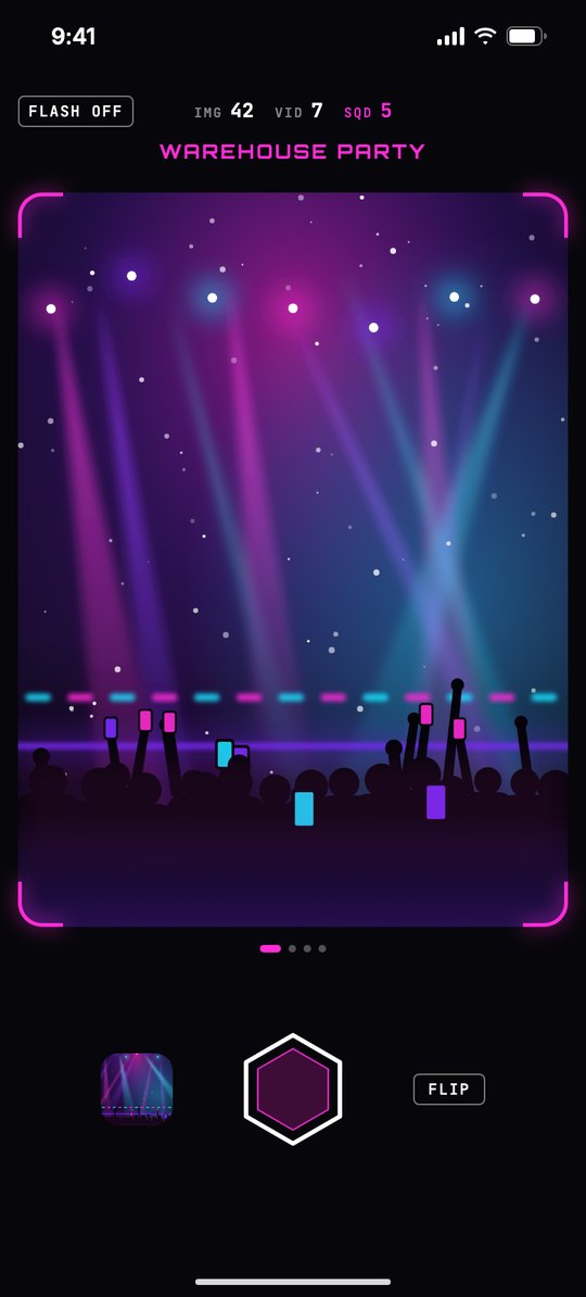 RaveCam camera: framed live preview with event stats and the hexagon shutter